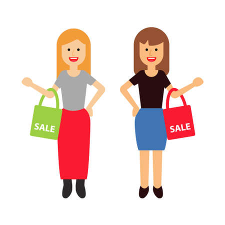 two happy women with shopping bagsのイラスト素材