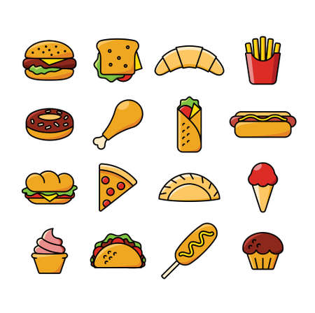 Sixteen fast food icons.のイラスト素材