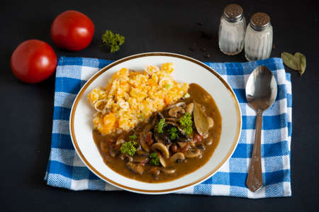 mushrooms in sauce with mashed potatoesの写真素材