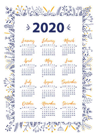 2020 vector calendar with floral designのイラスト素材