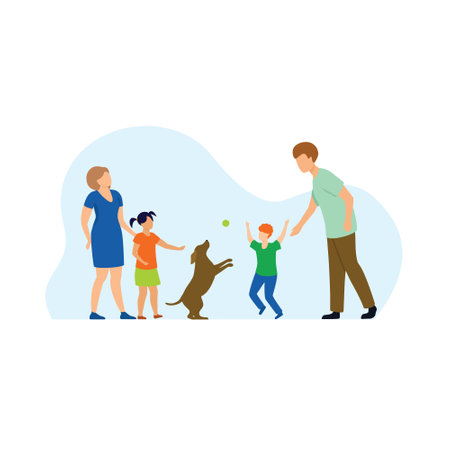 happy family with dog outsideのイラスト素材