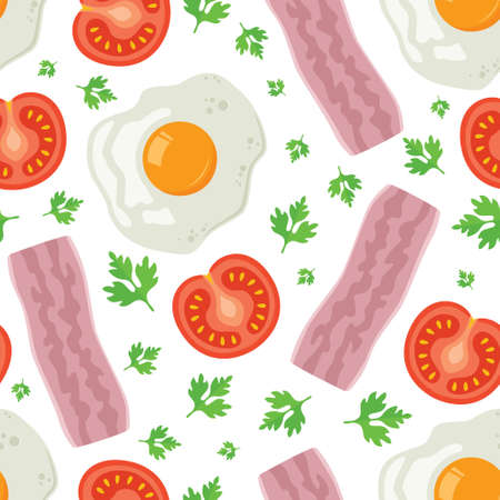 Fried egg, bacon, tomato and parsley. Seamless pattern with fried egg. Pattern with food a white background.のイラスト素材