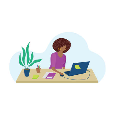 Black woman working on computer. Woman sitting at the table. Afro american woman in the office. Girl studying online. Flat style vector illustration.のイラスト素材