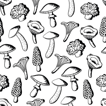 A monochrome seamless pattern featuring an array of mushrooms, creating a whimsical and organic design.のイラスト素材