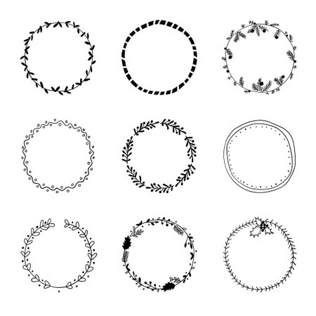 Charming hand-drawn vector frame set. Abstract designs intertwine with delicate leaves, creating a unique and artistic touch.のイラスト素材