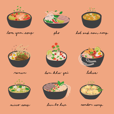 Asian Soups: Tom Yum, Pho, Hot and Sour, Ramen, Tom Kha Gai, Laksa, Miso, Bun Bo Hue, and Wonton...