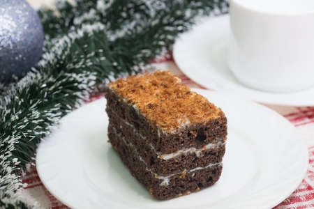 chocolate cake on a white plate for dessertの写真素材