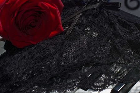 Erotic composition of piano keys, lingerie and red rose