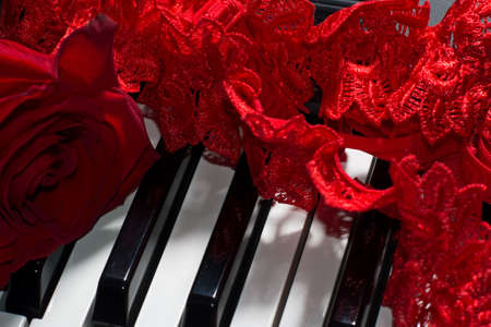 Erotic composition of piano keys, lingerie and red roseの写真素材