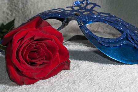 Blue carnaval mask with red roseの写真素材