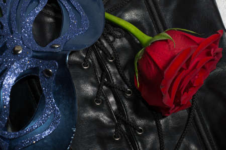 Composition of erotic black corset, red rose and blue maskの写真素材