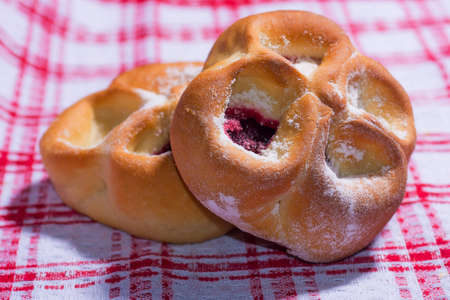 Two sweet pies on red tableclothの写真素材