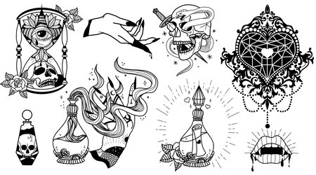 Gothic Tattoo Set. Witchcraft illustrations. Hidden symbols. Witchcraft and magic drawings. Death Skulls, Mystic and esoteric elements, magic potionsの写真素材