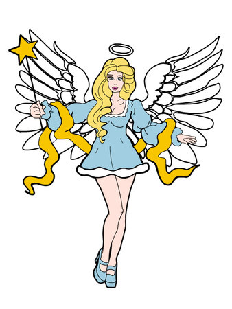 Sexy Angel with wings cartoon, Christmas illustration, Blond woman angel, Hand drawnの写真素材