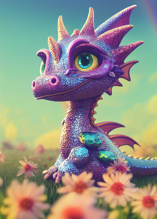 Cute baby dragon in a flower field, Close up fantasy creature, adorable big eyes dragon, Kawaii styleの写真素材