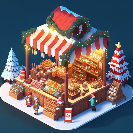 Isometric Christmas Market, Medieval Winter Market, Diorama Illustration, Isometric Medieval city, Winter Holidaysの写真素材