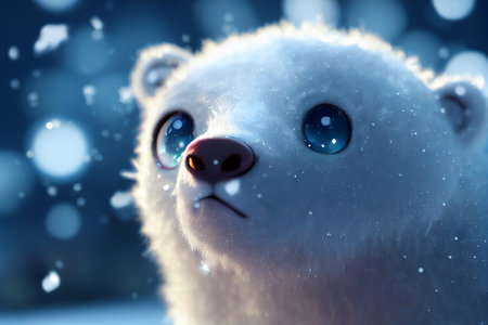 Adorable baby animal in the snow, Cute Kawaii Polar Bear, 3d render baby bear in winter, Christmasの写真素材