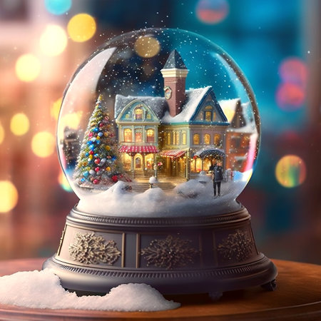 Victorian Christmas Snow ball, Magical Winter Snowglobe, 3D render, Christmas decoration, Winter festive landscape Illustrationの写真素材