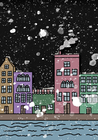 Winter City Christmas Card, Happy Holidays Card, Snowingの写真素材
