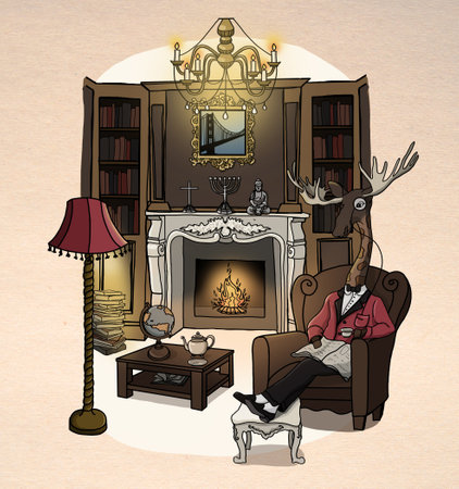 Hipster giraffe moose Illustration, Gentleman Anthropomorphic Moose, Fun Line art Drawing, Royal Animal reading newspaperの写真素材
