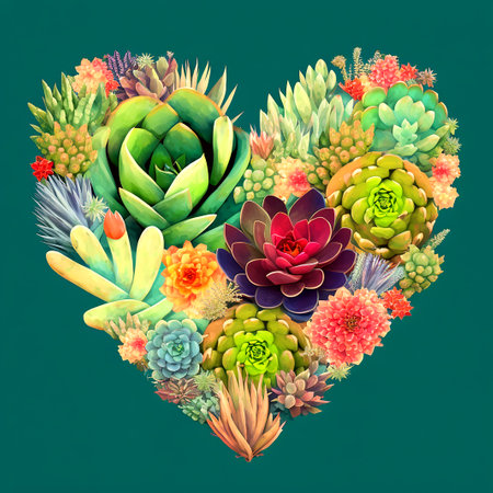 Colorful Succulent Heart Shape, Cactus Heart, Valentine's Day Illustration, Beautiful Plants Heart Shape, Love Giftの写真素材