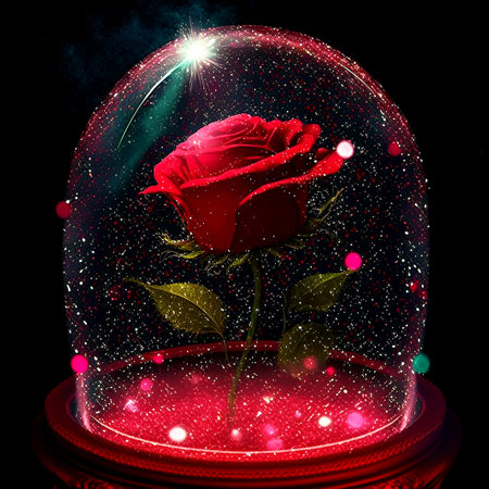 Preserved Red Rose Glass Dome, Beautiful Blooming Red Rose Illustration, Magical flower, The Beauty and the Beast story, Valentine's Dayの写真素材