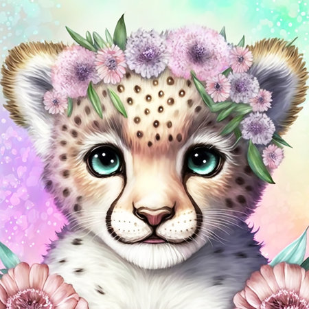 Boho Baby Animal Illustration, Cute Watercolor Cheetah, Animals for kindergarten, Nursery Decoration, Kawaii Style, Pastel colors baby animal, Illustration for childrenの写真素材