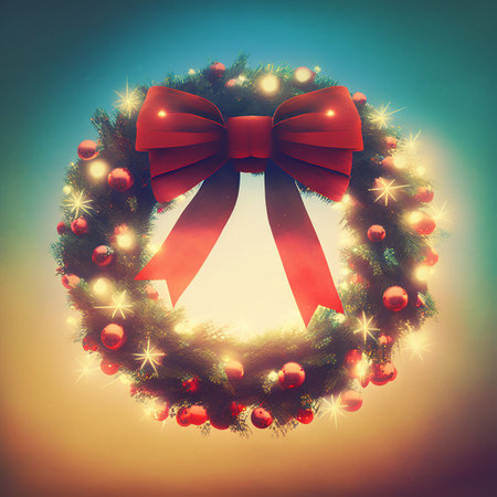 Vintage Christmas Wreath Illustration, Christmas wreath with baubles, lights and red bow, Merry Christmas, Happy Holidays, Garland Decorationの写真素材