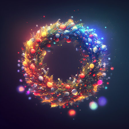 Magical Christmas Wreath, Wreath Illustration, Christmas wreath with baubles and light, Merry Christmas, Happy Holidays, Garland Decorationの写真素材