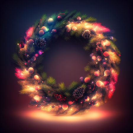 Magical Christmas Wreath, Wreath Illustration, Christmas wreath with baubles and light, Merry Christmas, Happy Holidays, Garland Decorationの写真素材