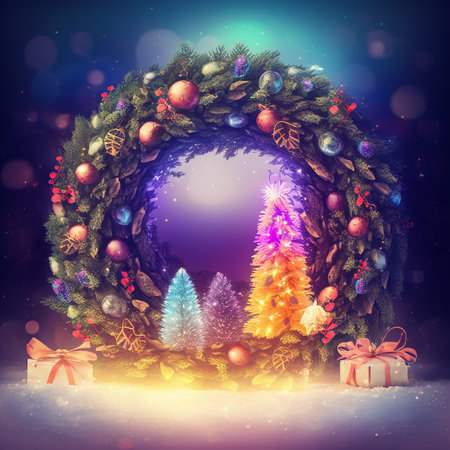 Christmas wreath Door Decoration, Christmas wreath with baubles, lights and red bow, Merry Christmas, Happy Holidays, Garland Decorationの写真素材