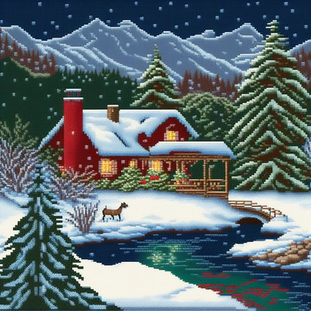 Christmas cross stitch embroidery, Vintage Needlepoint New Year celebration, Christmas knitted canvas illustrationの写真素材