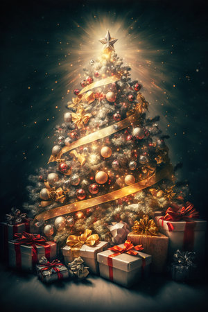 Golden Christmas Tree, 3D render Christmas Tree with Gift Packages, Presents, Happy New Year, Bright shiny Illustrationの写真素材