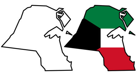 Outline Map of Kuwait, Line Art Illustration of Kuwait, Kuwait Flag, Map Businessの写真素材