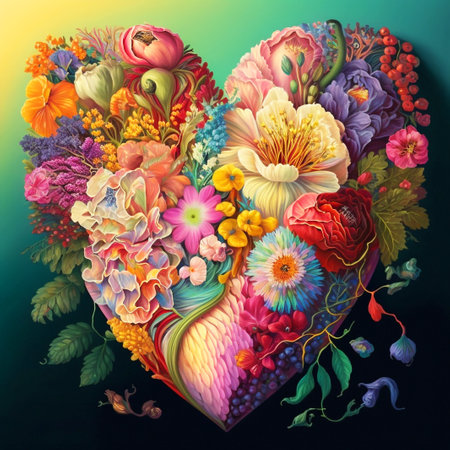 Floral Heart Shape Illustration, Valentine's Day, Colorful Heart, Elegant floral design for postcard, invitation, cover, decorationの写真素材