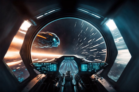Inside of a Spaceship Driving at Hyper Speed, Space Travelers flying through the space, Astronauts in Space, Spacecraft travel backgrounds, 3D Renderingの素材