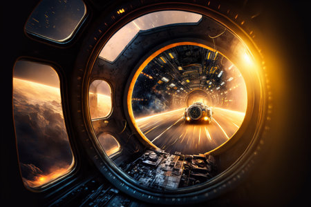 Inside of a Spaceship Driving at Hyper Speed, Space Travelers flying through the space, Astronauts in Space, Spacecraft travel backgrounds, 3D Renderingの素材