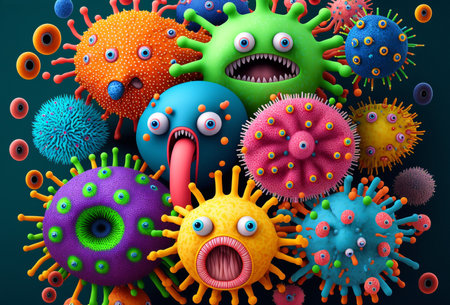3d illustration of group of viruses and bacteria in a dark backgroundの写真素材