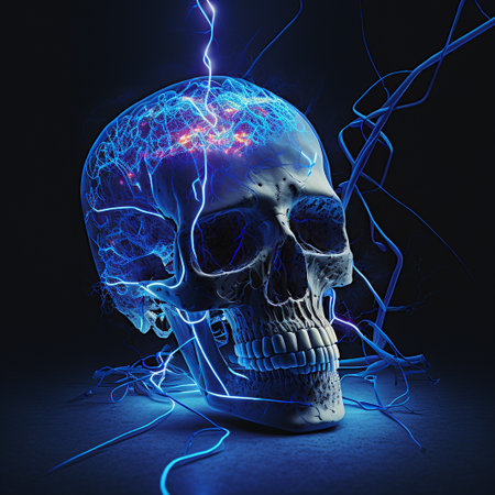Skull with Tangled Cords, Neural Connections Illustration, Artificial Intelligence,  Technology, Cybernetic Head, Generative, Aiの写真素材