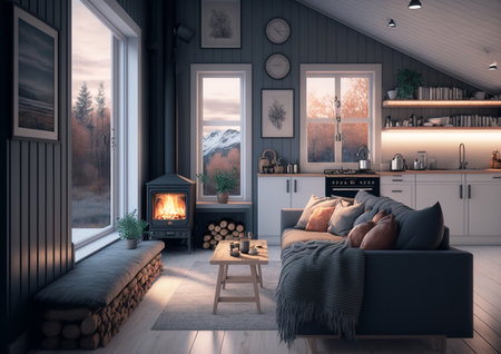 Scandinavian Interior Open Living Room with Kitchen, Winter Landscape, 3D Illustration, Generative, AIの写真素材
