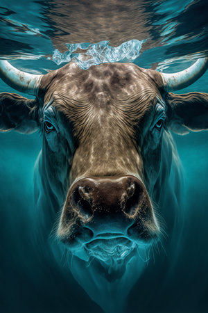 Bull Underwater 3D Illustration, Animal Swimming Underwater, Close up Bull, Photorealistic,...