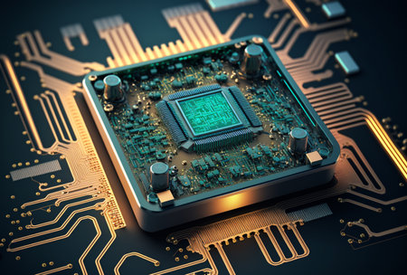 Circuit board closeup. 3d rendering, 3d illustration.の写真素材