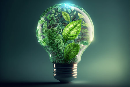 Eco Light Bulb Green Energy Power 3D Illustration, Lamp Saving Energy Ecology Environment, Generative AIの写真素材