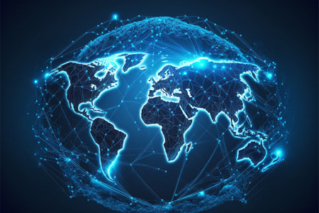 Global Social Network Illustration, Blue Futuristic Background Planet Earth, Internet Connection, Generative AIの素材