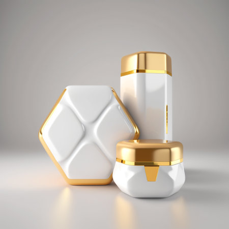 3d render of white and gold cosmetic containers on a gray backgroundの写真素材