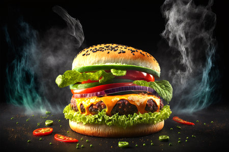 Big hamburger with meat and vegetables on a dark background with smokeGenerative AIの素材
