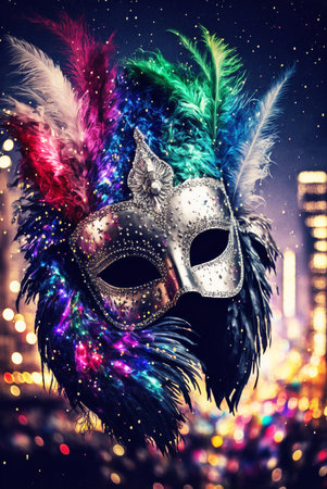 Silver Carnival mask with colorful multicolor feathers, New York city at night background, Generative AIの素材
