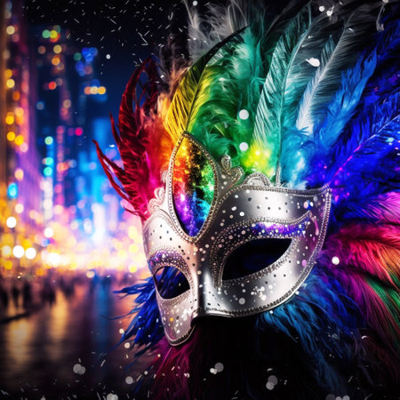 Silver Carnival mask with colorful multicolor feathers, New York city at night background, Generative AIの素材
