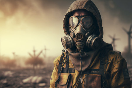 Man in gas mask and respirator on the background of wind turbines Generative AIの素材