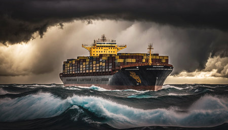 Cargo ship sailing in stormy sea with stormy sky. Ocean Transportation Illustration, Generative AIの素材
